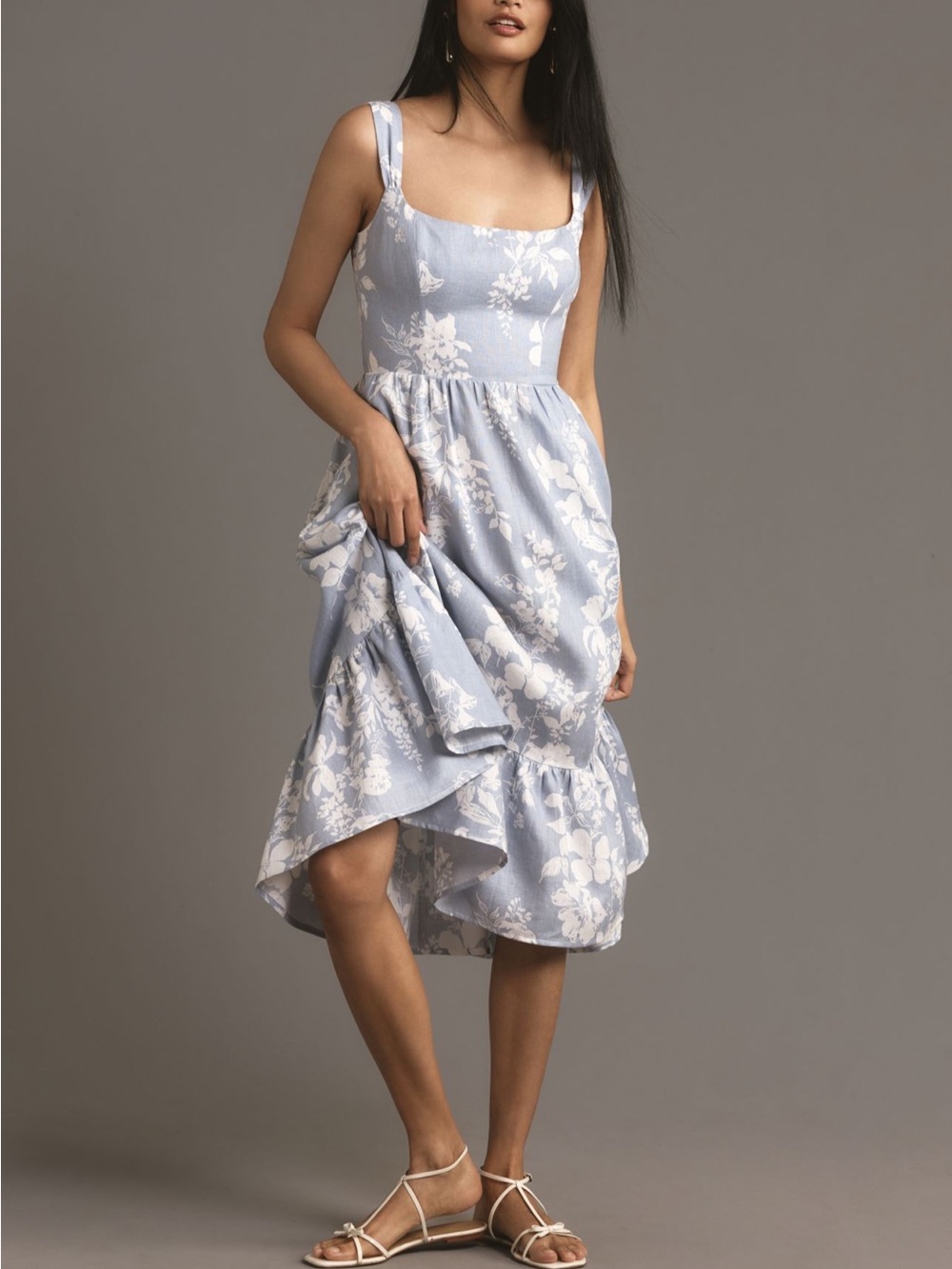 Reformation Bucatini Linen Powder Blue Floral Midi Dress from Anthropologie